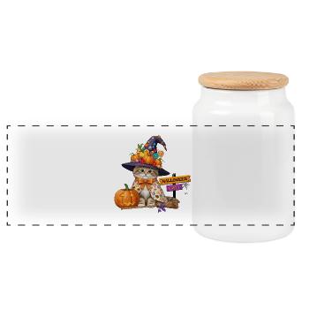 Niedliche Hexenkatze mit Kürbis – Halloween Party - Panorama Keksdose mit Holzdeckel - Weiß - Vorne