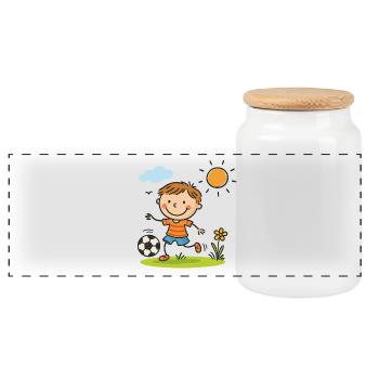Sunlit Soccer Kid Cartoon - Panoramic Cookie Jar with Wooden Lid - white - Front