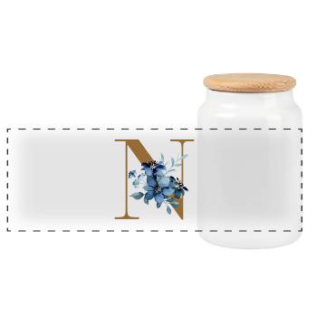 Letter N with blue flowers - Panoramic Cookie Jar with Wooden Lid - white - Front