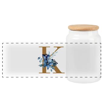 K Monogram with Blue Flowers - Panoramic Cookie Jar with Wooden Lid - white - Front