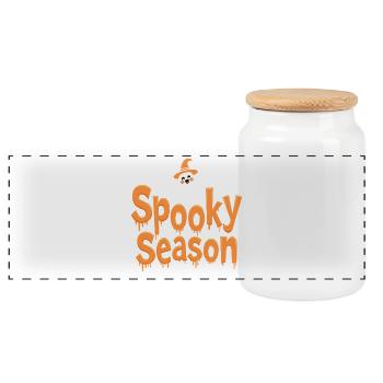 Spooky Season Halloween Funny Ghost - Panoramic Cookie Jar with Wooden Lid - white - Front