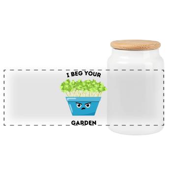 I Beg Your Garden – Funny Plant Cartoon - Panoramic Cookie Jar with Wooden Lid - white - Front