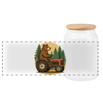 Bärenfarmer im Traktor - Panorama Keksdose mit Holzdeckel - Weiß - Vorne