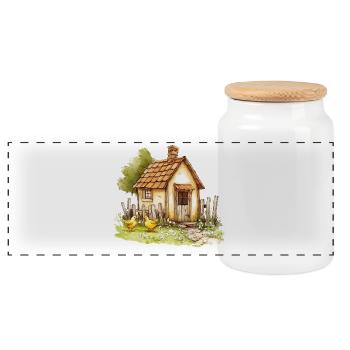 Small Country House Chickens Watercolor Painting - Panoramic Cookie Jar with Wooden Lid - white - Front