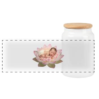 Baby baby with diaper sleeping on open lotus flower - Panoramic Cookie Jar with Wooden Lid - white - Front