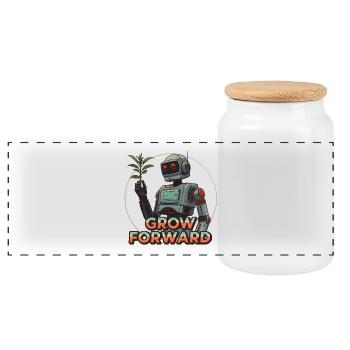 Grow Forward – Retro Sci-Fi Robot - Panoramic Cookie Jar with Wooden Lid - white - Front