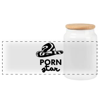 Pornstar hat logo - Panoramic Cookie Jar with Wooden Lid - white - Front