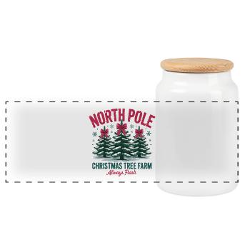 North Pole Christmas Tree Farm - Panoramic Cookie Jar with Wooden Lid - white - Front