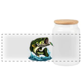 Largemouth Bass Jump Design - Panoramic Cookie Jar with Wooden Lid - white - Front