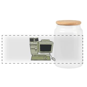 Retro Computer Desk Setup - Panoramic Cookie Jar with Wooden Lid - white - Front