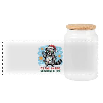 Christmas mystical raccoon with string lights - Panoramic Cookie Jar with Wooden Lid - white - Front