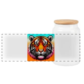 tiger - Panoramic Cookie Jar with Wooden Lid - white - Front