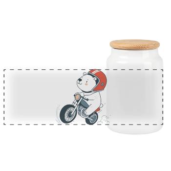 Cartoonhafter Biker-Bär - Panorama Keksdose mit Holzdeckel - Weiß - Vorne