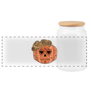 Floral Sugar Skull Pumpkin Face - Panoramic Cookie Jar with Wooden Lid - white - Front