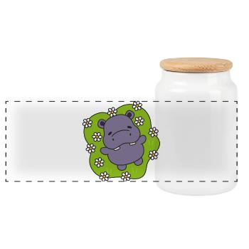 Purple Hippo on Flowering Grass - Panoramic Cookie Jar with Wooden Lid - white - Front