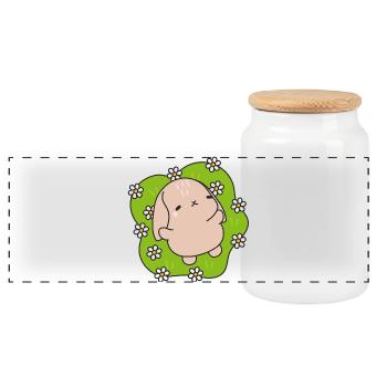 Kawaii Rabbit Under Daisies - Panoramic Cookie Jar with Wooden Lid - white - Front