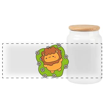 Merry lion cub on flowering lawn - Panoramic Cookie Jar with Wooden Lid - white - Front