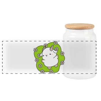 Kawaii Lamb Daisies - Panoramic Cookie Jar with Wooden Lid - white - Front