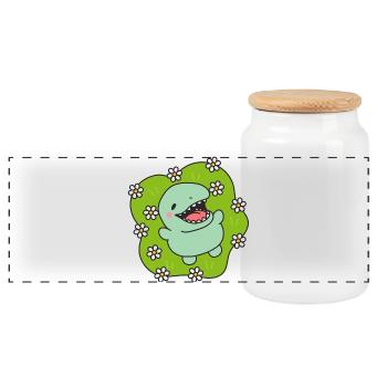 Happy Dinosaur in Spring - Panoramic Cookie Jar with Wooden Lid - white - Front
