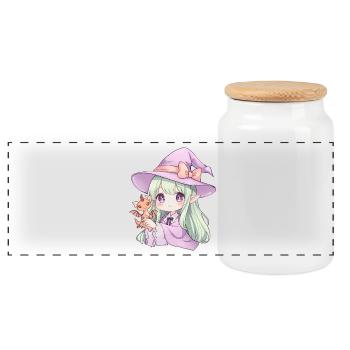 Kawaii Anime Witch with Dragon - Panoramic Cookie Jar with Wooden Lid - white - Front
