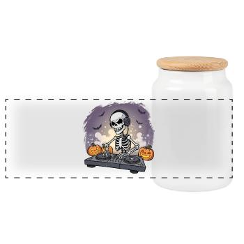 Skeleton DJ Halloween Scene - Panoramic Cookie Jar with Wooden Lid - white - Front