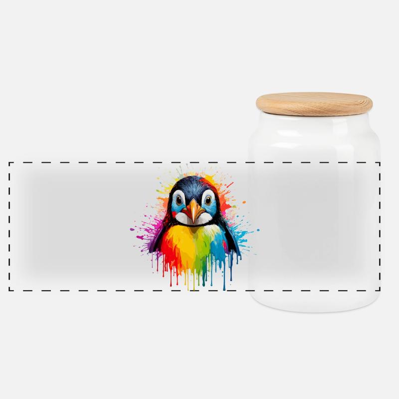 Art éclaboussuré de manchots arc-en-ciel - Boîte à biscuits avec couvercle en bois - blanc