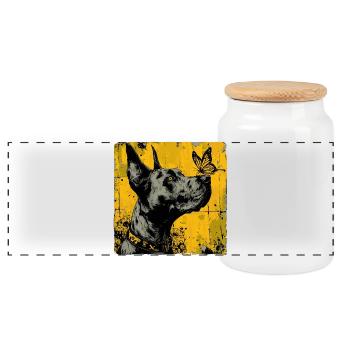 Funny Great Dane and Butterfly - Panoramic Cookie Jar with Wooden Lid - white - Front
