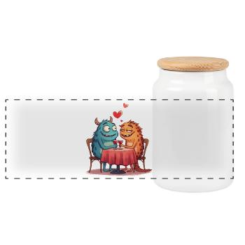 Cartoon Monster Date – Scary Halloween Couple - Panoramic Cookie Jar with Wooden Lid - white - Front