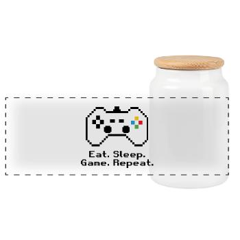 RETRO GAMING // EAT. SLEEP. GAME. REPEAT. BLACK - Panoramic Cookie Jar with Wooden Lid - white - Front