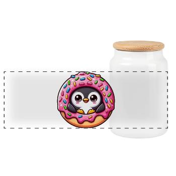 Cute Penguin Donut Dessert Whimsical Funny - Panoramic Cookie Jar with Wooden Lid - white - Front