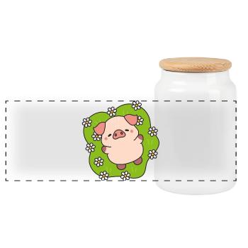 Happy flowering pig in meadow - Panoramic Cookie Jar with Wooden Lid - white - Front