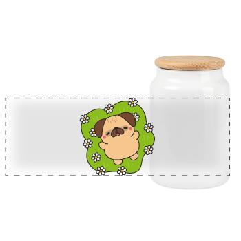 Happy Flowering Pug - Panoramic Cookie Jar with Wooden Lid - white - Front