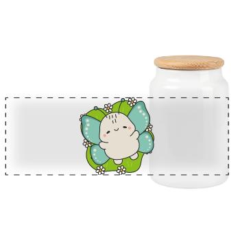 Kawaii butterfly on green leaf - Panoramic Cookie Jar with Wooden Lid - white - Front