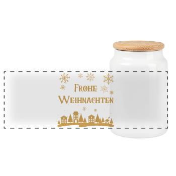 Text Merry Christmas golden row of houses winter - Panoramic Cookie Jar with Wooden Lid - white - Front