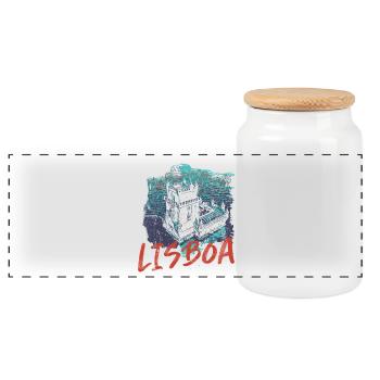 Belém and Tagus Tower in Lisbon, seen from the sky - Panoramic Cookie Jar with Wooden Lid - white - Front