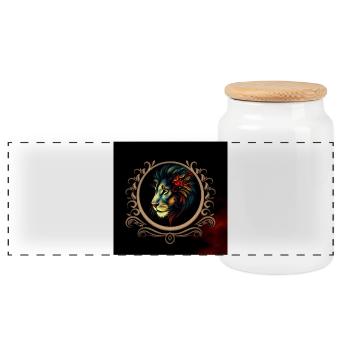 Colorful Lion in Ornamental Frame - Panoramic Cookie Jar with Wooden Lid - white - Front