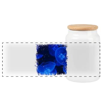 Glowing Blue Jellyfish with Bioluminescence - Panoramic Cookie Jar with Wooden Lid - white - Front
