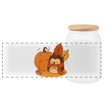 Herbstliche Kuscheleinheiten – Igel & Kürbis Cuties - Panorama Keksdose mit Holzdeckel - Weiß - Vorne