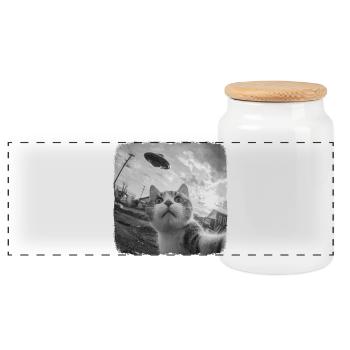 Katze und UFO - Panorama Keksdose mit Holzdeckel - Weiß - Vorne