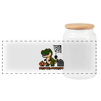 "Gruselsaurus" - Pixel Art Dinosaurier 🎃🦖 - Panorama Keksdose mit Holzdeckel - Weiß - Vorne