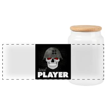 Skull Veteran – Real Player Gaming Helm Design - Panorama Keksdose mit Holzdeckel - Weiß - Vorne