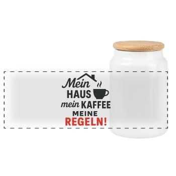 Mein Haus, mein Kaffee, meine Regeln! - Panorama Keksdose mit Holzdeckel - Weiß - Vorne