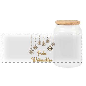 Text Frohe Weihnachten dekorative Schneeflocken - Panorama Keksdose mit Holzdeckel - Weiß - Vorne