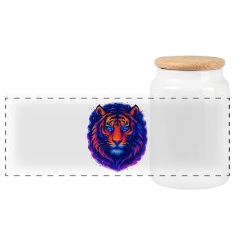 Neon Tiger Kunst Design – Wilder Blick - Panorama Keksdose mit Holzdeckel - Weiß - Vorne