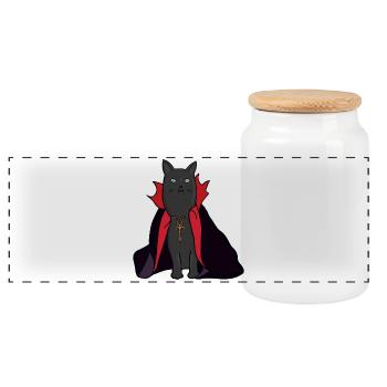 Mitternachts-Vampirkatze mit Umhang - Panorama Keksdose mit Holzdeckel - Weiß - Vorne