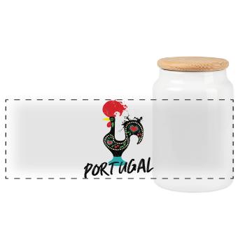 Barcelos Hahn, buntes Symbol Portugals - Panorama Keksdose mit Holzdeckel - Weiß - Vorne
