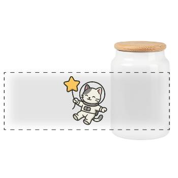 Chat astro mignon avec ballon étoile - Boîte à biscuits avec couvercle en bois - blanc - Devant