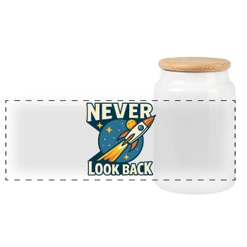 Never Look Back Rocket Motif Retro Space - Panoramic Cookie Jar with Wooden Lid - white - Front