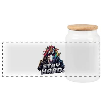 Einhorn im Lederjacke Stay Hard - Panorama Keksdose mit Holzdeckel - Weiß - Vorne