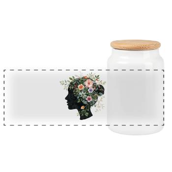 Silhouette de tête de femme avec couronne florale - Boîte à biscuits avec couvercle en bois - blanc - Devant